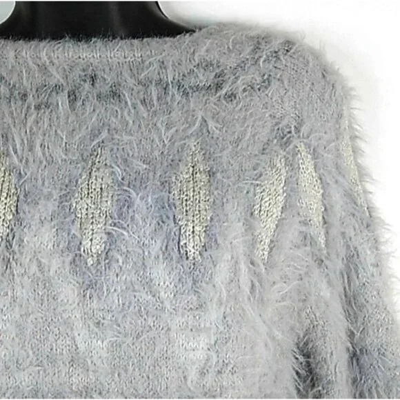 LC Lauren Conrad Women's Sweater Gray Purple Sz S Fair Isle Boat Neck Soft Cozy - Picture 4 of 11